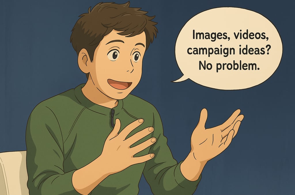 Smiling young man: 'Images, videos, campaign ideas? No problem.'