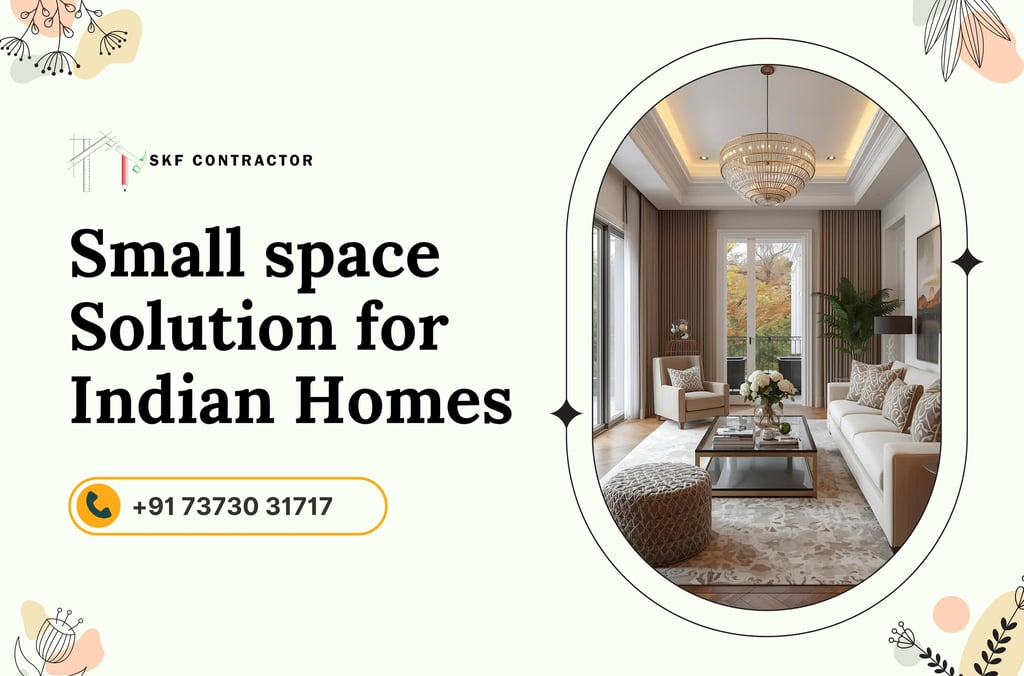 Modern living room interior design with luxury chandelier and sofa, offering small space solutions for Indian homes.
