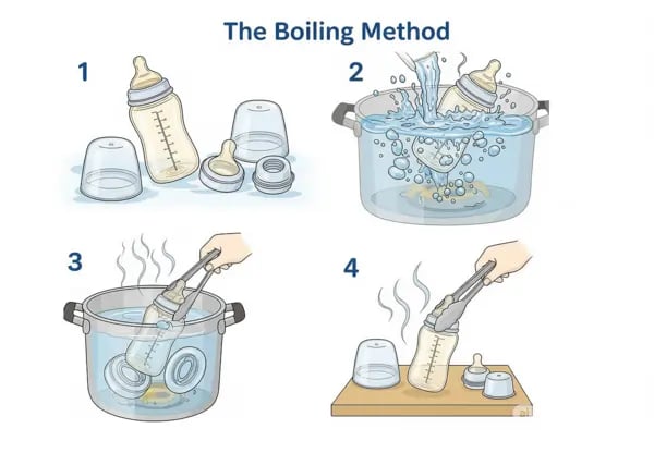 Boiling method of sterilizing feeding bottle