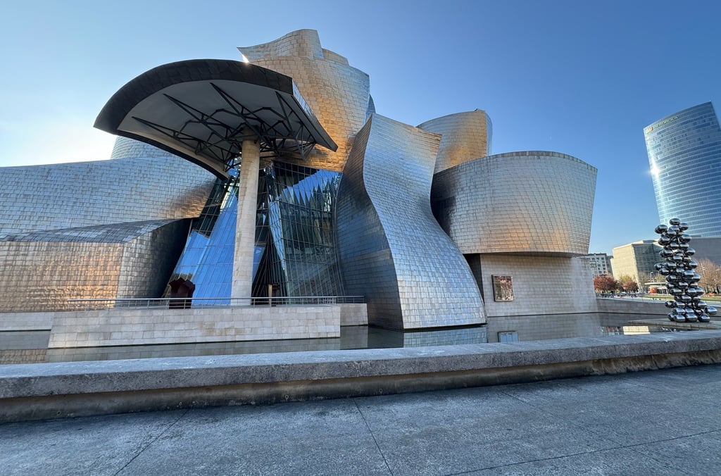Exterior of the Guggenheim Museum Bilbao with its iconic titanium facade in Bilbao, Spain