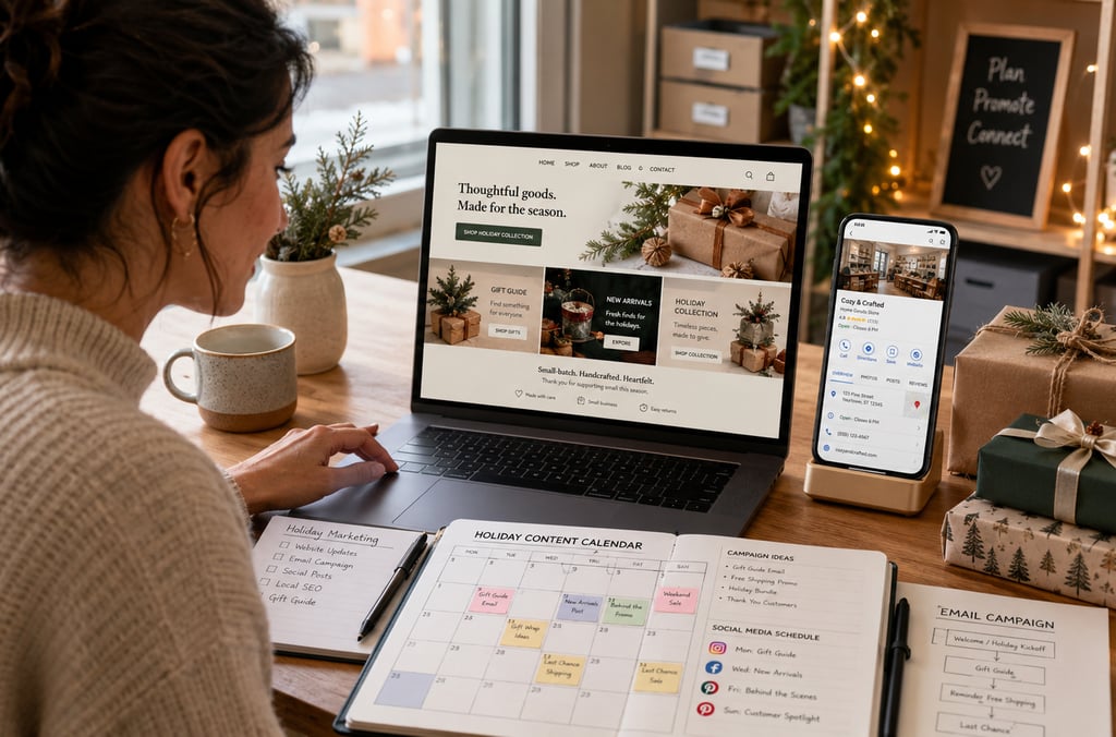 Small business owner preparing a website, Google Business Profile, email and social media for the ho