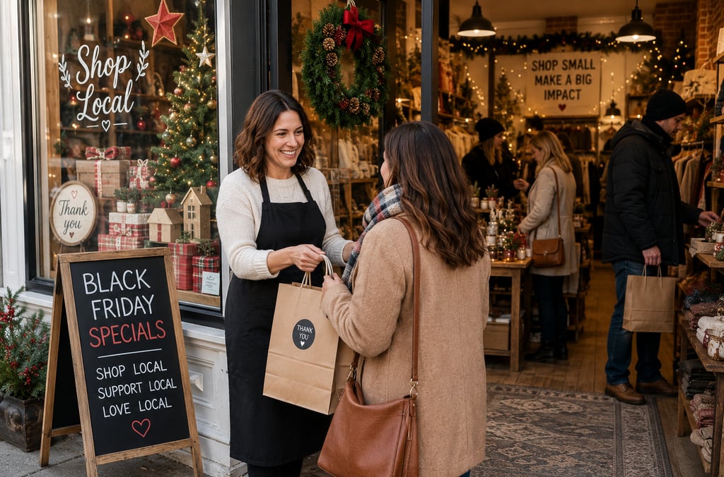 Small business owner serving holiday shoppers during a festive local shopping event.