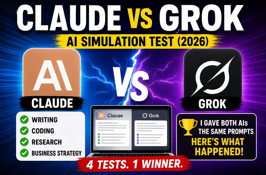 Claude vs Grok AI 2026 comparison thumbnail for writing, coding, research, and business tests.
