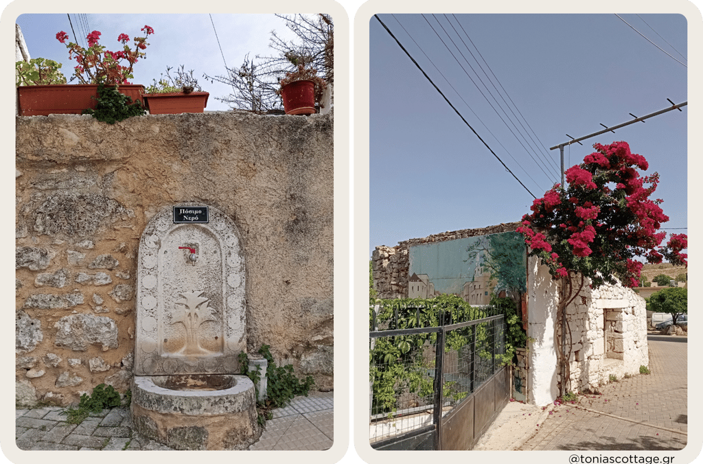 Natural spring in Alagni Village with drinking water, stone houses, and vibrant flowers