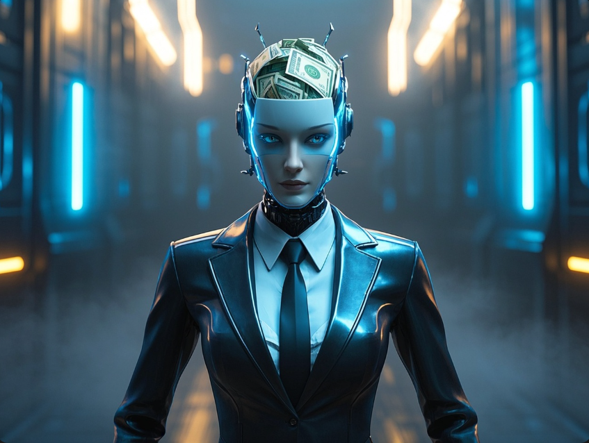 ai female robot business suit and tie with her head full of money representing pychology
