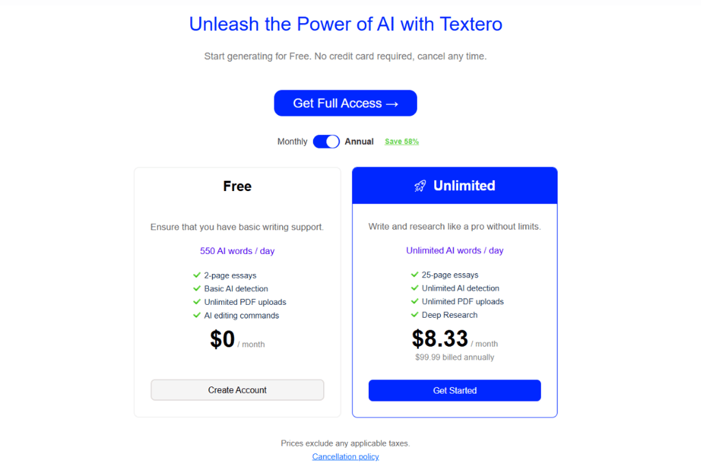 Textero Pricing Plan with free and unlimited plans tag