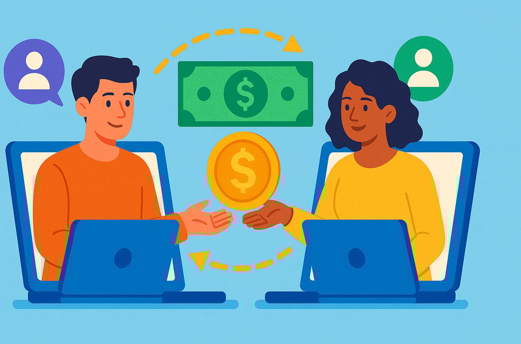Graphic of people connecting and exchanging money online