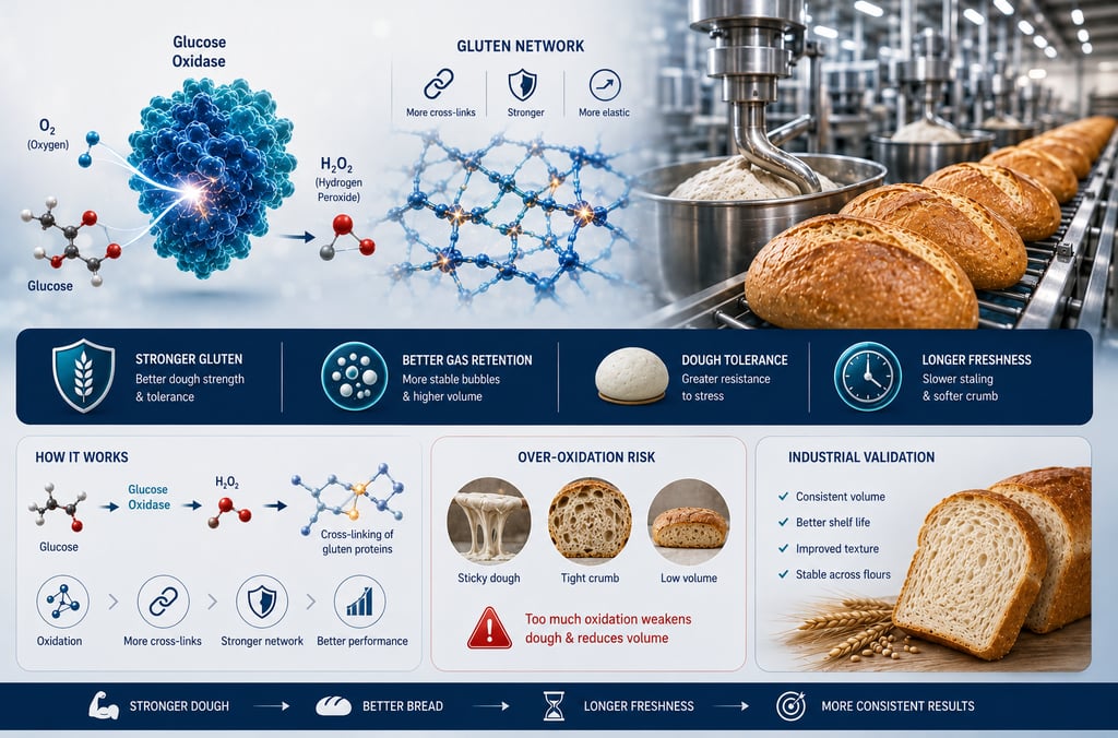 Industrial baking infographic showing glucose oxidase strengthening the gluten network