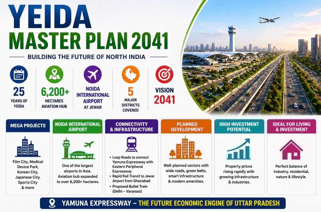 YEIDA Master Plan 2041 infographic showing Noida International Airport at Jewar and Yamuna Expressway development projects.