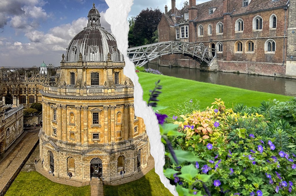 Imagen dividida en la que se ven la Radcliffe Camera de Oxford y el Puente Matemático de Cambridge.