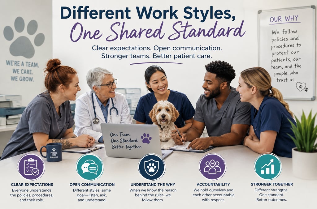 Diverse veterinary team collaborating around a laptop with a dog, illustrating workplace values and team standards.