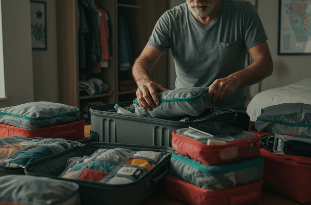 Traveler packing cube organizers into suitcases in preparation of upcoming trip
