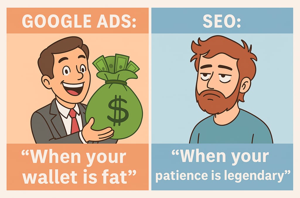 Rich man with money bag for Google Ads vs tired bearded man for SEO