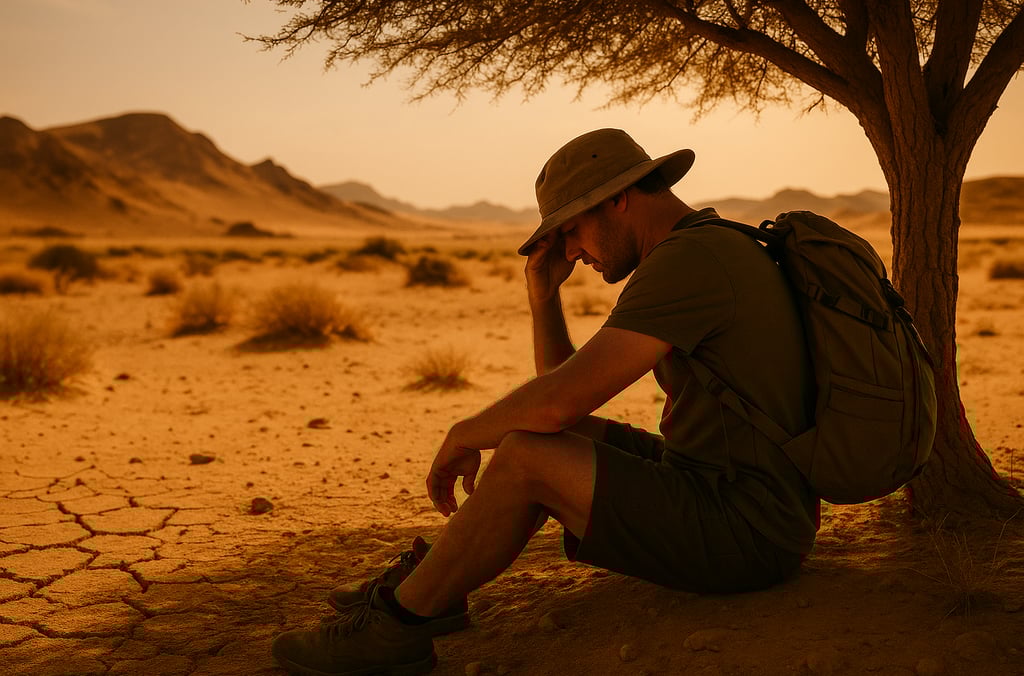 Exhausted hiker resting in extreme desert heat, danger of dehydration and sunstroke during survival scenario