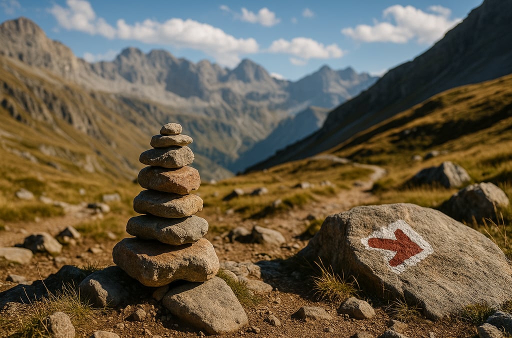 Stacked cairn marking hiking trail through mountains, wilderness navigation using natural trail signs
