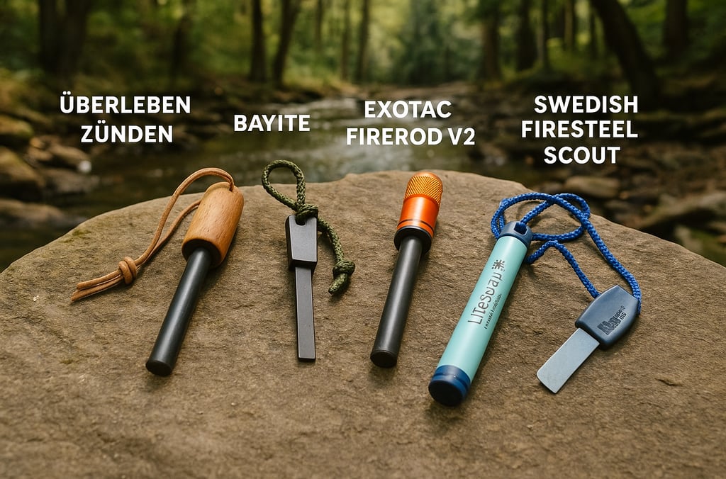 Top fire starters for bushcraft survival laid out in forest: Überleben Bayite Exotac and Swedish Scout