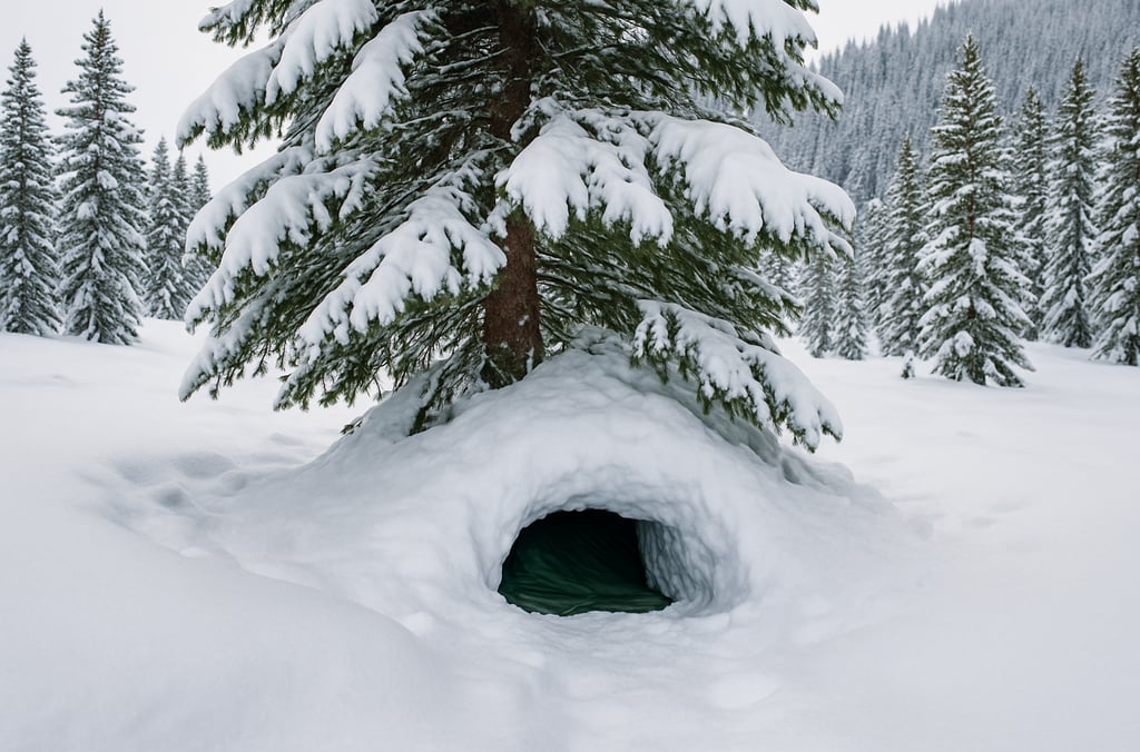Snow-covered tree shelter with hidden emergency snow cave in winter survival setting