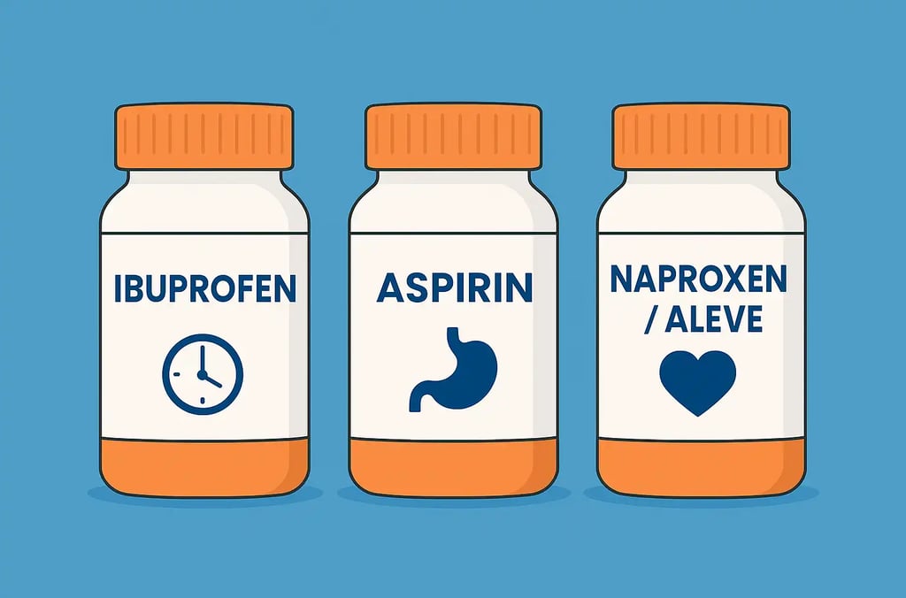 Comparison of Ibuprofen, Aspirin, and Naproxen pill bottles for pain relief, inflammation, and side effects