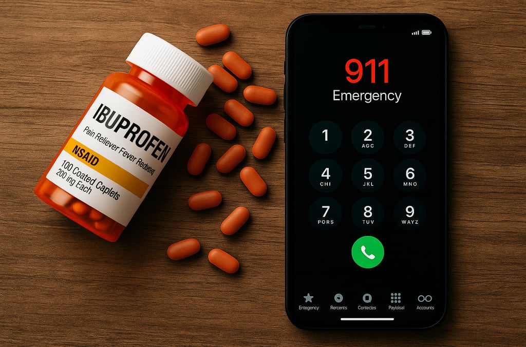 Flat-lay of ibuprofen pills beside a smartphone with “911 Emergency” displayed on the screen.
