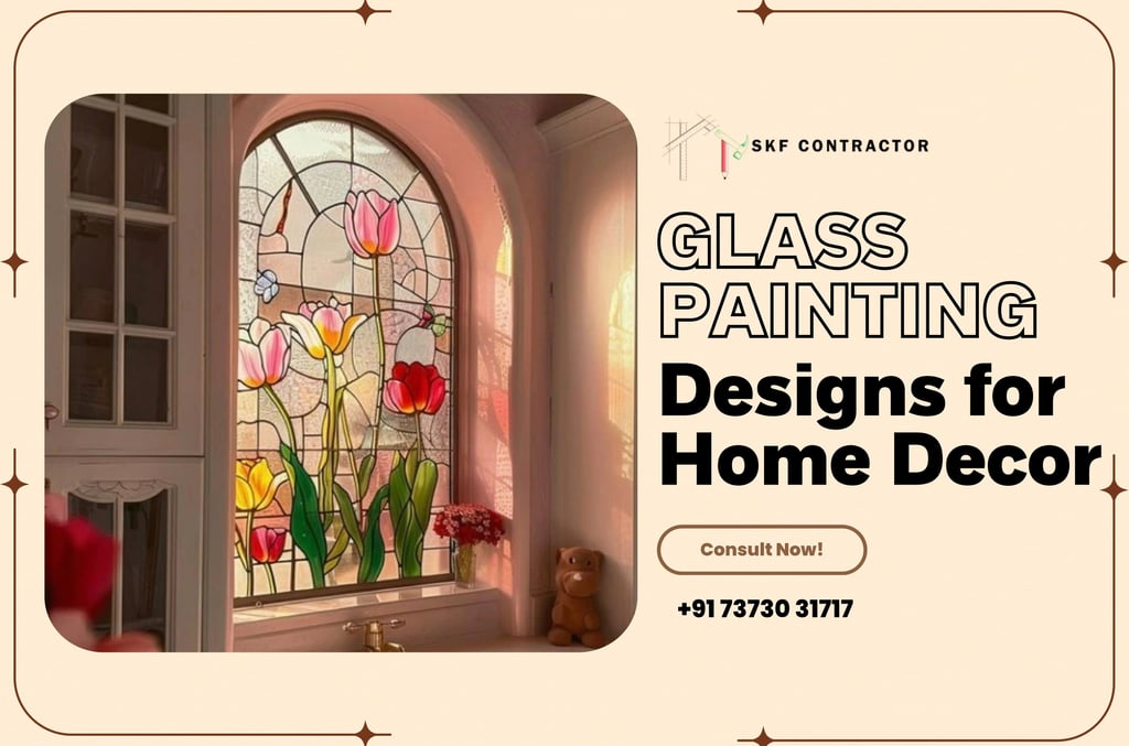 Custom glass painting designs for home decor featuring colorful tulip stained glass window art.