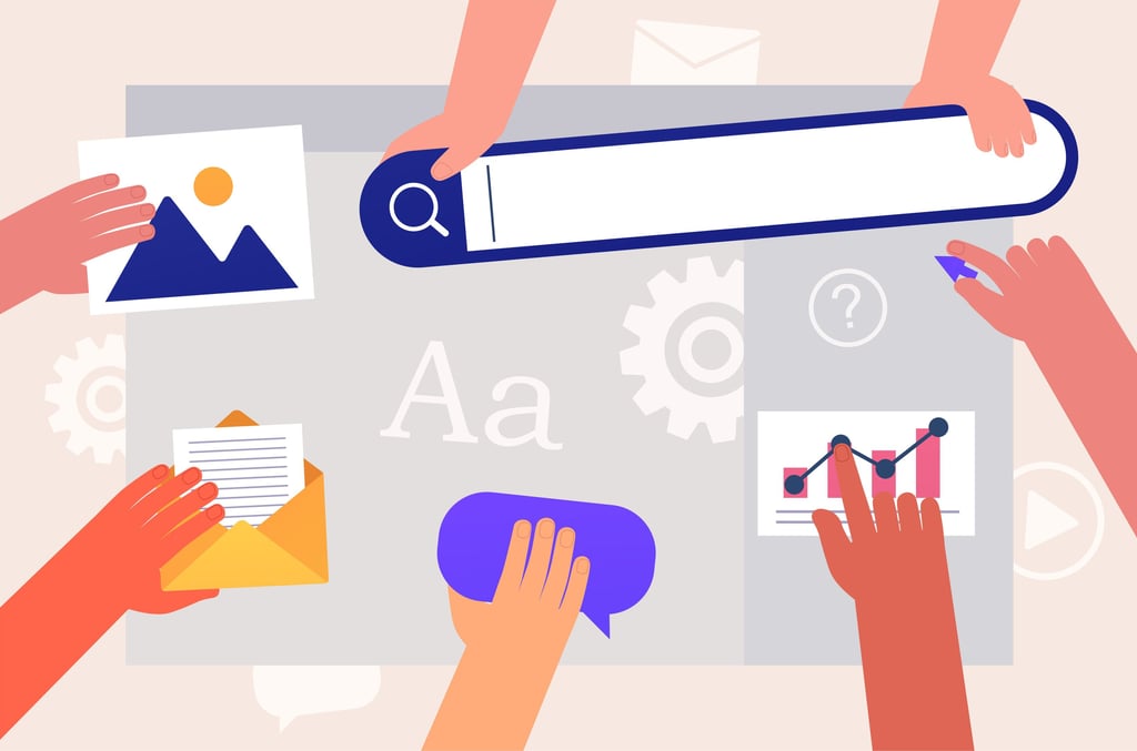 Simple graphic illustration with four cartoonish hands helping each other design and build a website