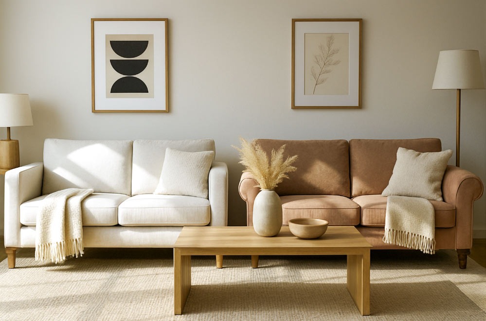 Side-by-side comparison of modern sofa with clean arms and traditional rolled-arm sofa in a refined, sunlit living room.