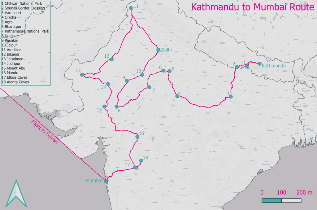 Kathmandu to Mumbai Route Map
