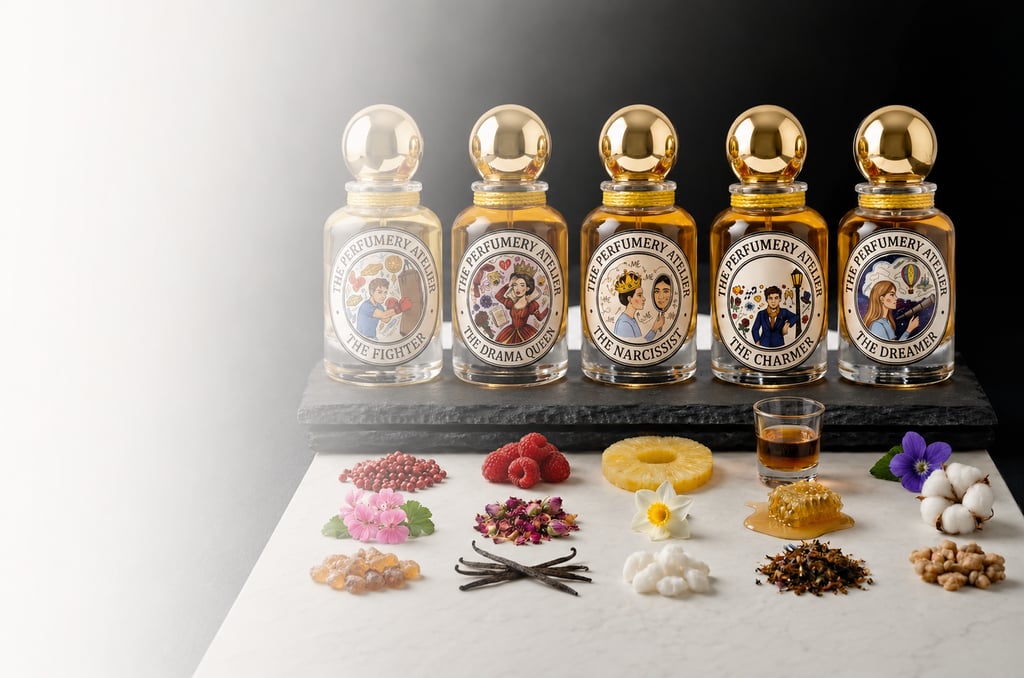 Luxury perfume bottles from The Perfumery Atelier displayed with raw fragrance ingredients like vanilla and honey.