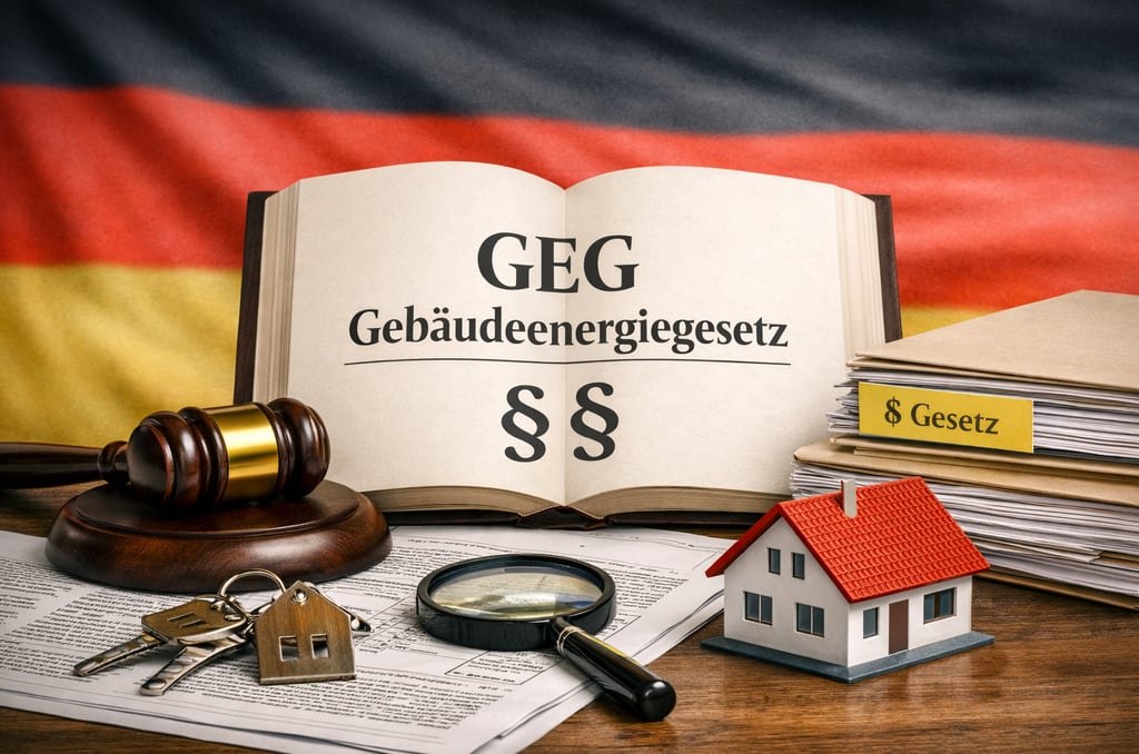 Offenes Gesetzbuch mit Titel ‚GEG Gebäudeenergiegesetz‘, Richterhammer und deutscher Flagge im Hinte