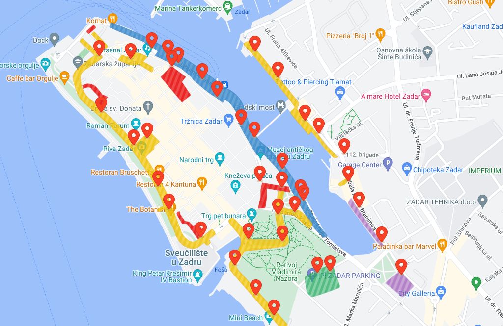A map of Zadar, showing locations of parking meters