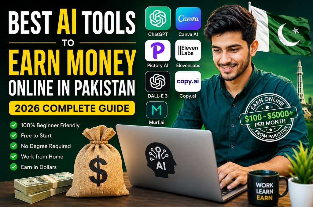 Young Pakistani freelancer using AI tools on a laptop to earn money online in Pakistan in 2026, feat