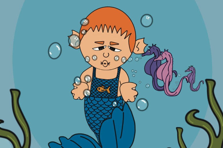 niño sirena bajo el agua con caballitos de mar