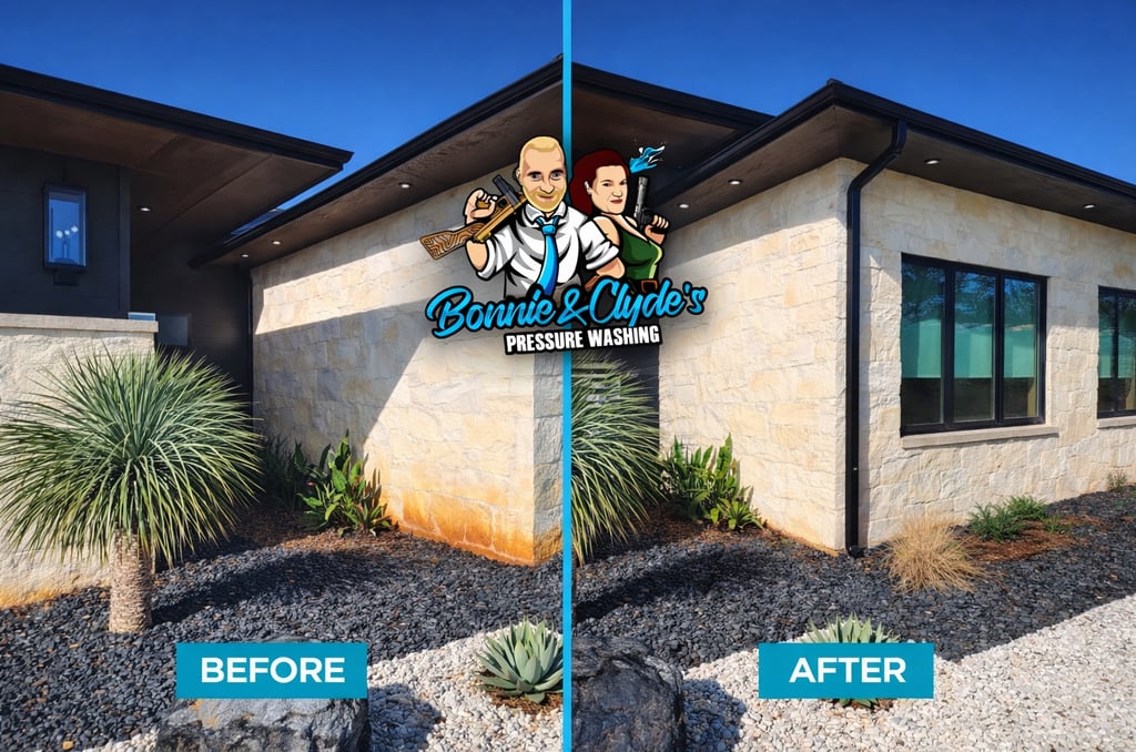 before and after photo of red clay stain washed off house