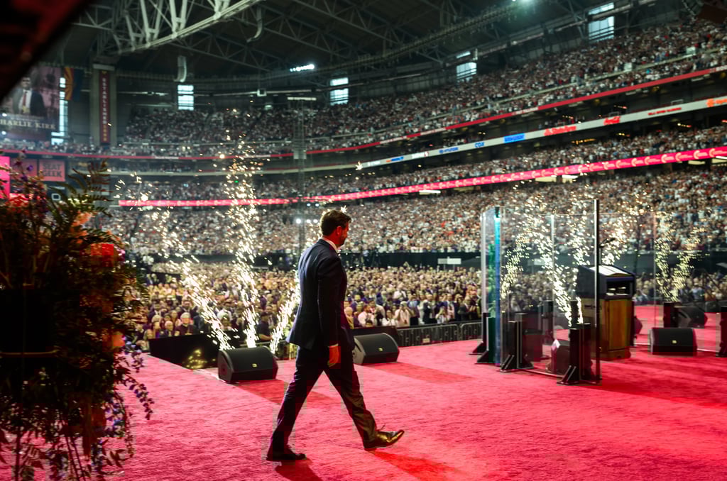 Vice President JD Vance at Charlie Kirk's memorial service at State Farm Stadium in Arizona. 
