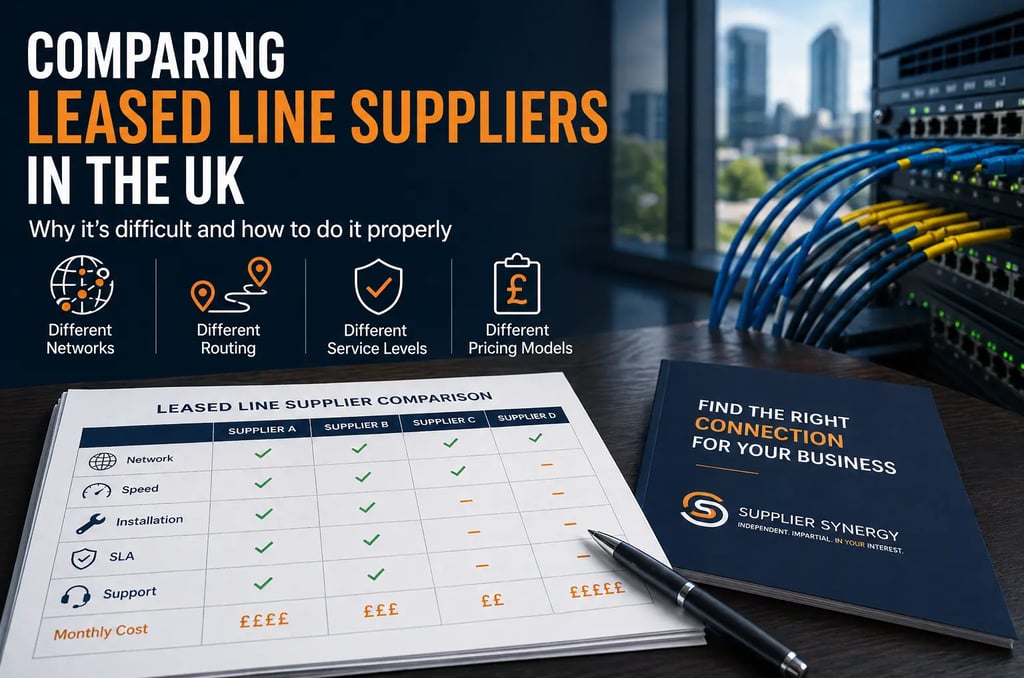 Comparing leased line suppliers with network equipment and connectivity options in a UK business environment