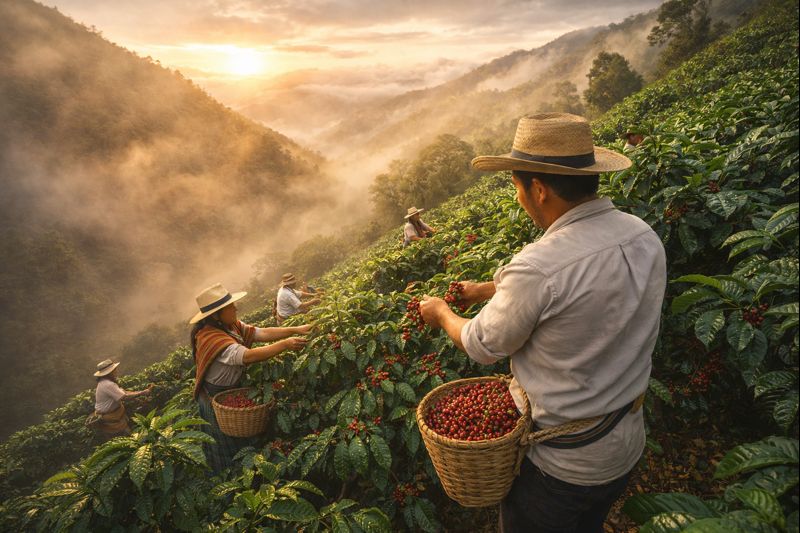 Fotografia de trabalhadores colhendo café manualmente em encosta montanhosa