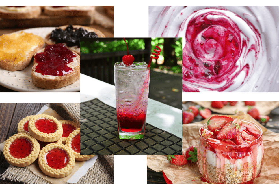 A collage of various dishes, highlighting creative uses for freezer jam made with freeze dried fruit