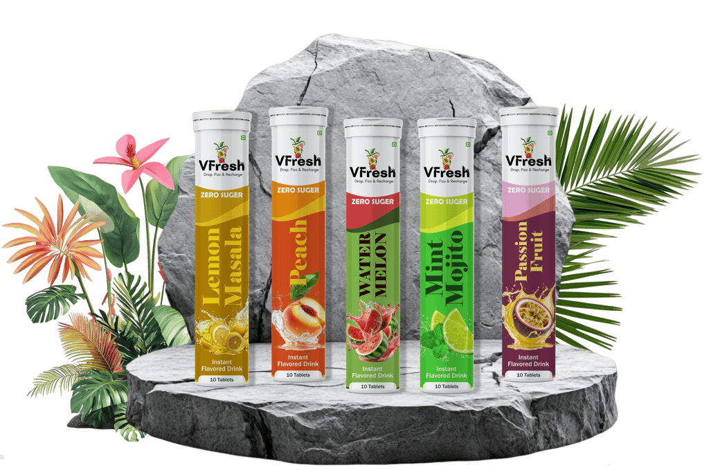 VFresh sugar-free effervescent drink tablets in fruit flavors like peach and mint mojito on stone.