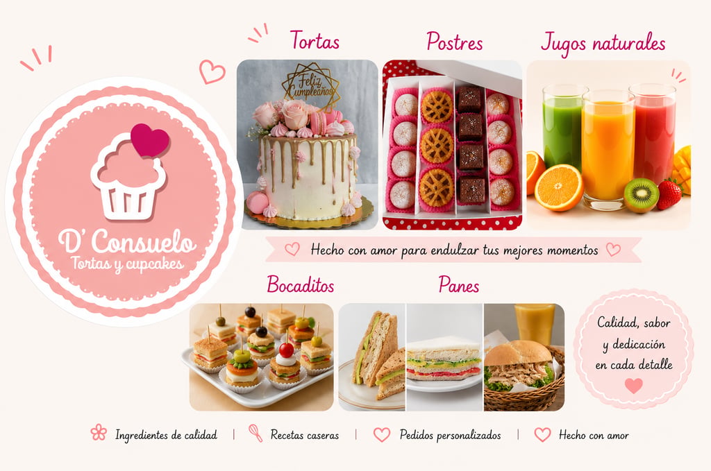tortas, postres, jugos naturales, bocaditos y panes artesanales