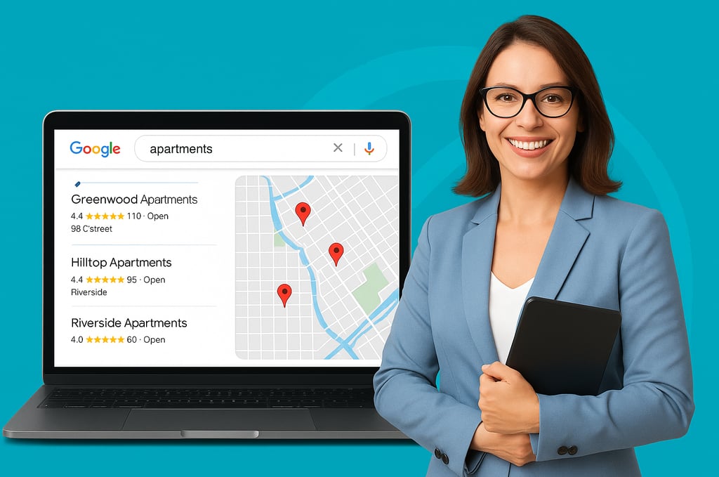 Google Business Profile local pack showing top apartment listings on Google Maps