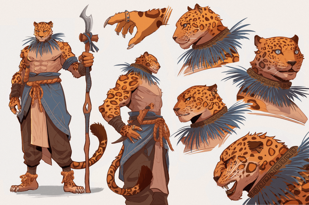 okami art personnage character design furry animal antropomorphe guerrier jaguar maya personnage