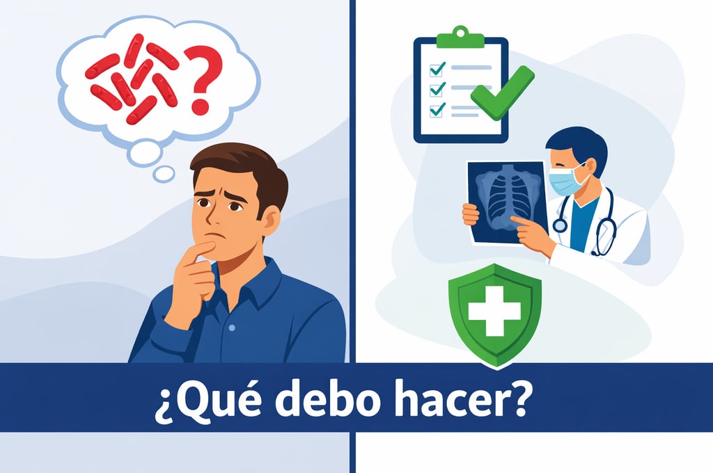 Ilustración guía para personas expuestas a tuberculosis mostrando pasos a seguir