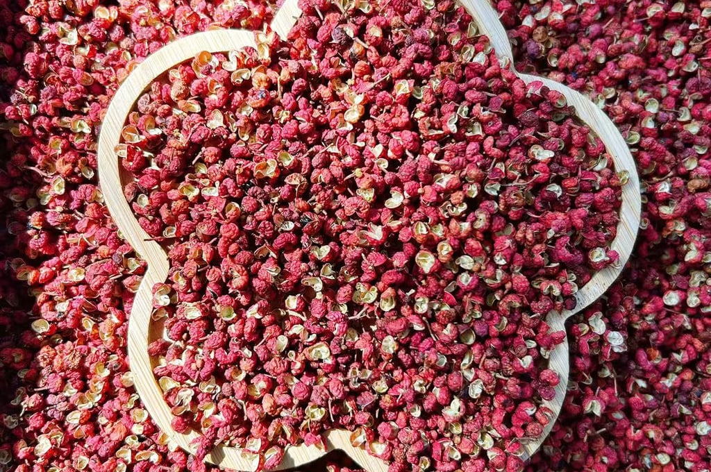 a flowered Sichuan peppercorns with a wooden bowl