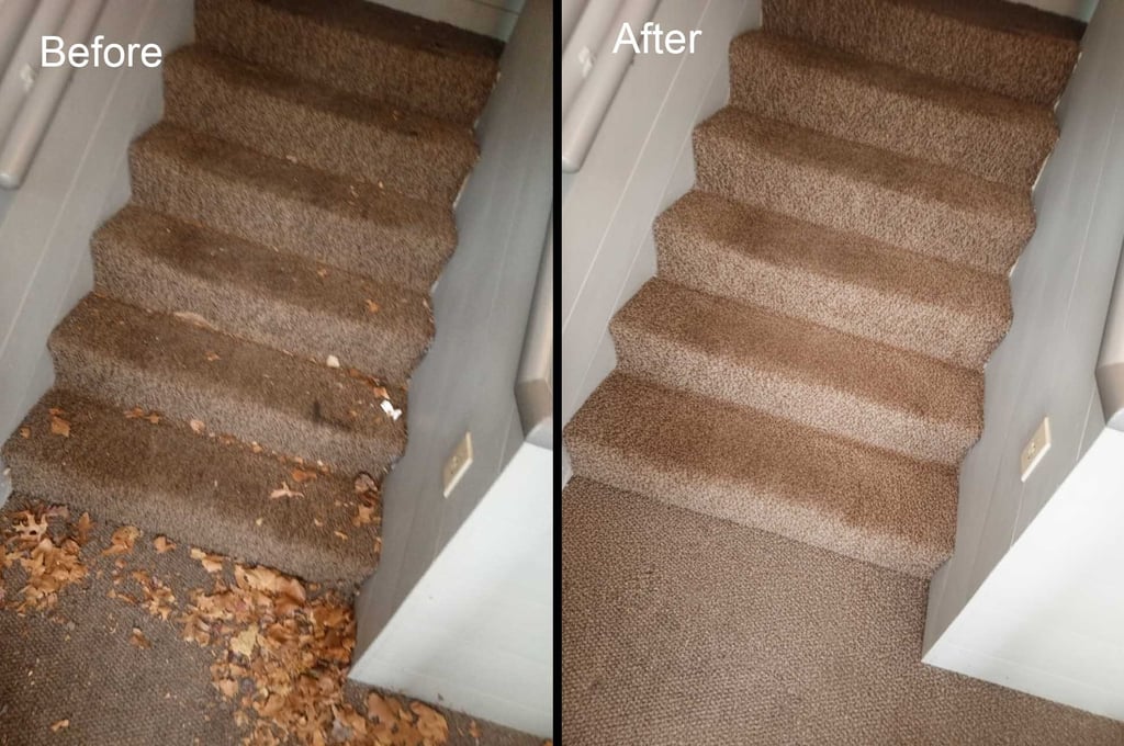 Before and after comparison of professional commercial carpet cleaning on office stairs in Cumberlan