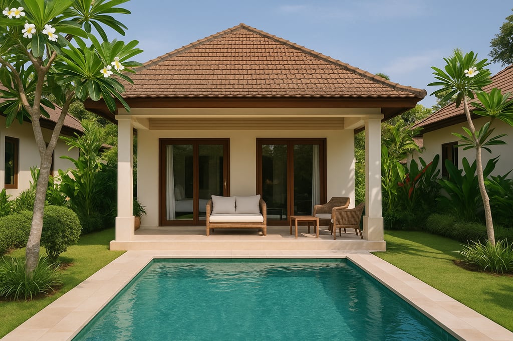 Foto villa tropis kecil dengan kolam renang pribadi, dikelilingi tanaman hijau, plumeria, dan teras.