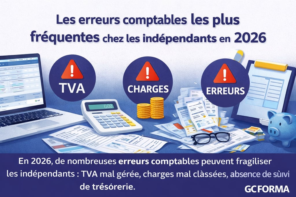 Illustration des erreurs comptables les plus fréquentes chez les indépendants en 2026 : TVA, charges