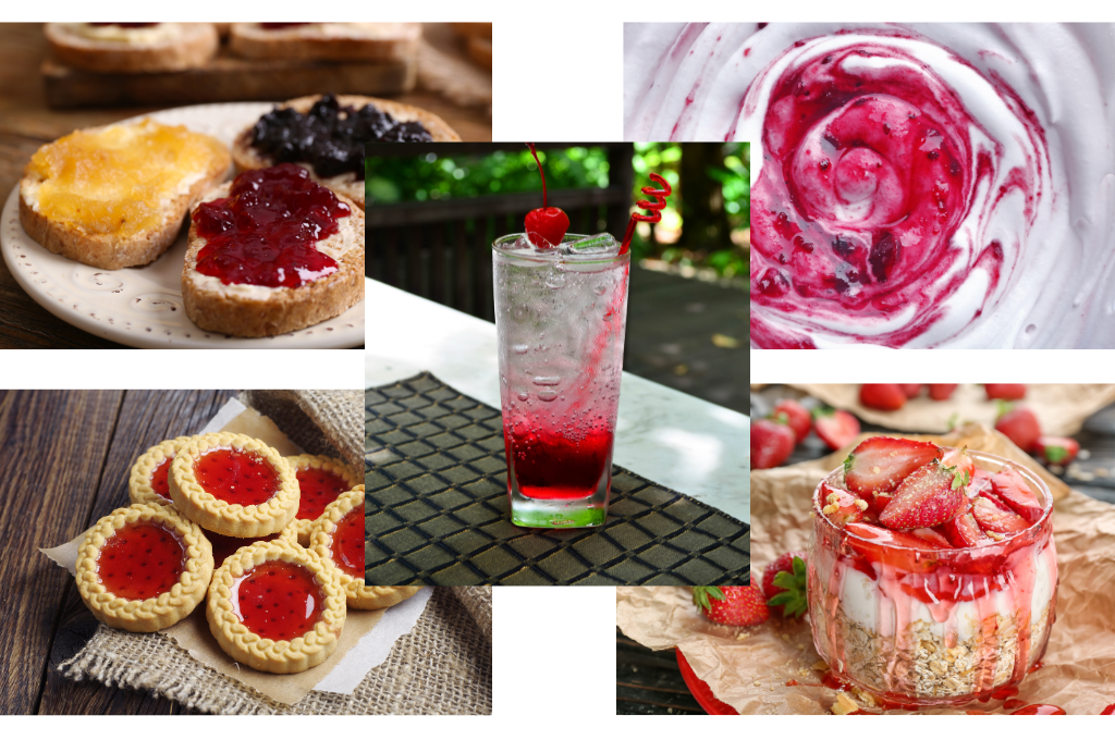 A collage of various dishes, highlighting creative uses for freezer jam made with freeze dried fruit
