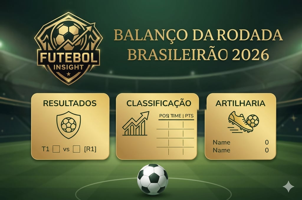 Infográfico Futebol Insight: Balanço do Brasileirão 2026 com resultados, classificação e artilharia em tons dourados.