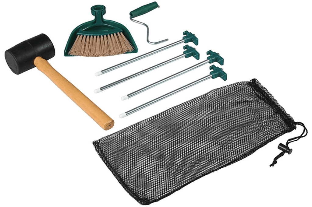 camping kit of mallet, broom and dustpan, tent pegs and puller