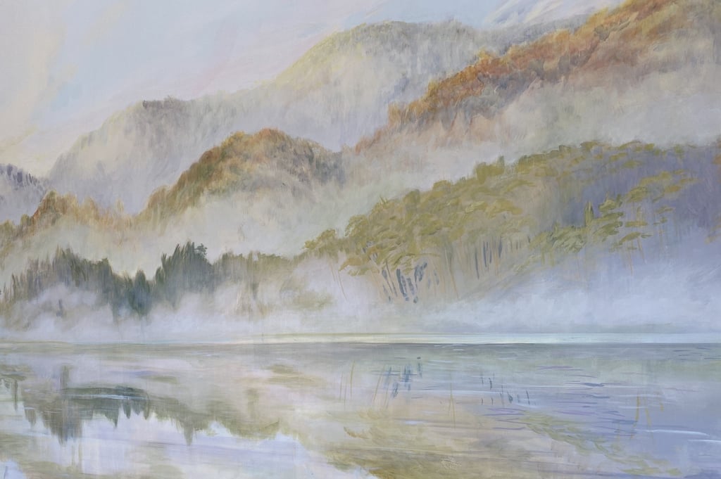 Hand-painted mural of a misty lake with trees and mountains reflected in calm water. Soft atmospheric landscape